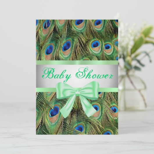 Peacock Print Green Bow Baby shower Uitnodiging (Staand voorkant)