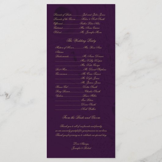 Peacock Regency in Paarse bruiloft programma Programmakaart (Achterkant)