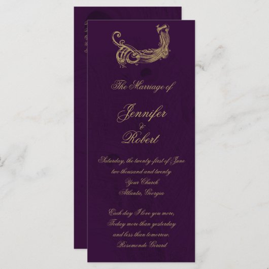 Peacock Regency in Paarse bruiloft programma Programmakaart (Voorkant / Achterkant)