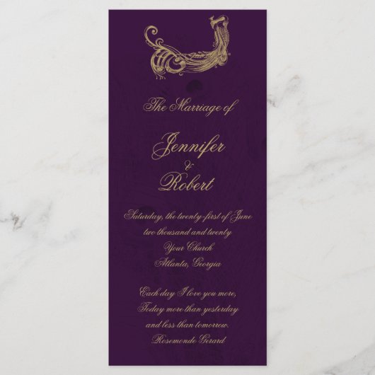 Peacock Regency in Paarse bruiloft programma Programmakaart (Voorkant)