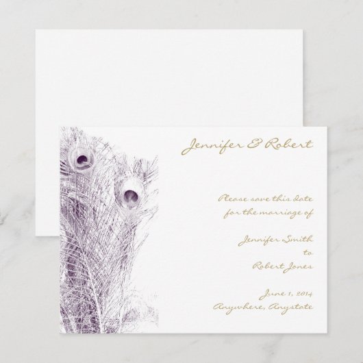 Peacock Regency in Paarse Save the Date Kaart (Voorkant / Achterkant)