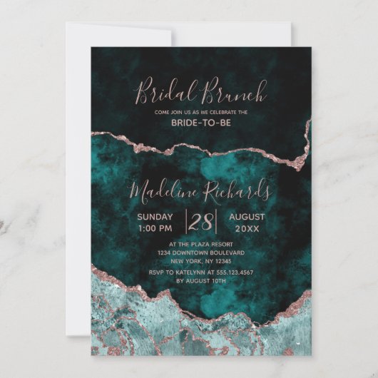 Peacock & Roos Gold Agate Bruids Brunch Uitnodigin Kaart (Voorkant)