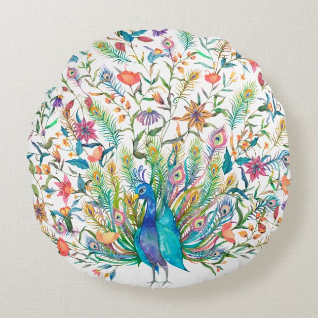 Peacock Round Sierkussen Rond Kussen (Voorkant)