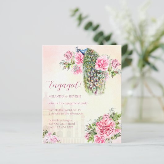 Peacock  rozen verloving budget uitnodiging (Staand voorkant)