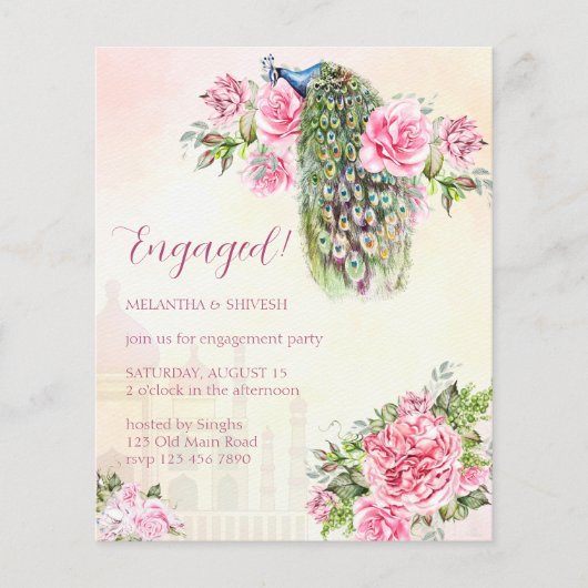 Peacock  rozen verloving budget uitnodiging (Voorkant)
