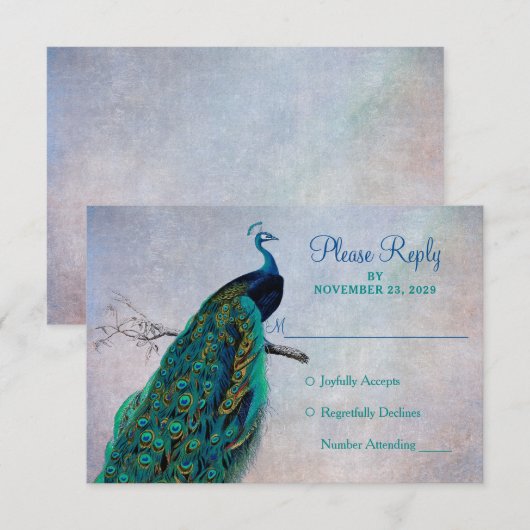 Peacock RSVP Wedding Response Kaart  Blue (Voorkant / Achterkant)
