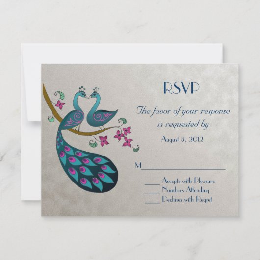 Peacock RSVP, zilver RSVP Kaartje (Voorkant)