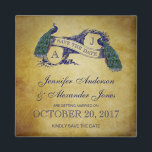Peacock Rustic Save the Date Magneet<br><div class="desc">Gebruik deze RUSTIEKE BRUILOFT SAVE THE DATE MAGNEET om uw aankomende pauwenbruiloft aan te kondigen. Dit prachtige pauw- en scrollontwerp is ideaal voor een vintage bruiloft met de mogelijkheid om te personaliseren met uw monogram initialen en namen. Het unieke ontwerp met Two Beautiful Peacocks op Banner en tekst in een...</div>