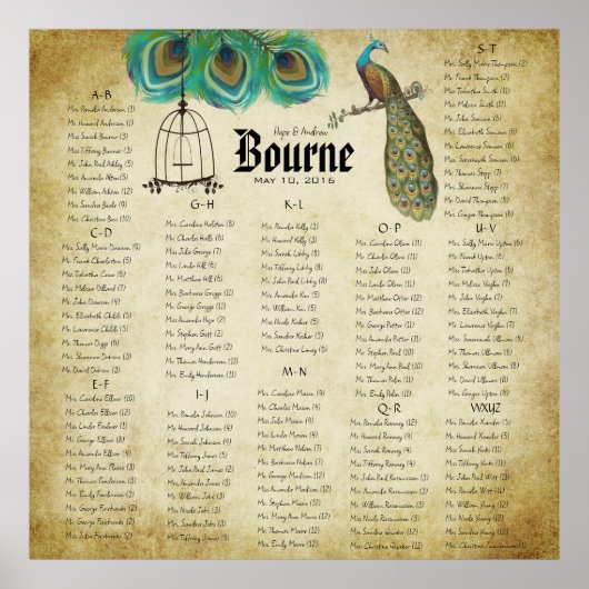 Peacock Rustic Seating Chart ROND 130 gasten Poster (Voorkant)
