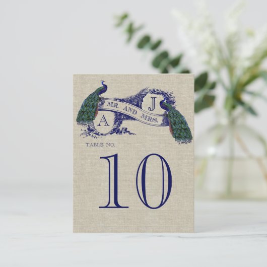Peacock Rustic Wedding Table Number Kaart (Staand voorkant)