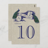 Peacock Rustic Wedding Table Number Kaart (Voorkant / Achterkant)
