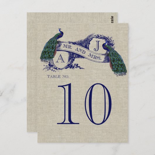 Peacock Rustic Wedding Table Number Kaart (Voorkant / Achterkant)
