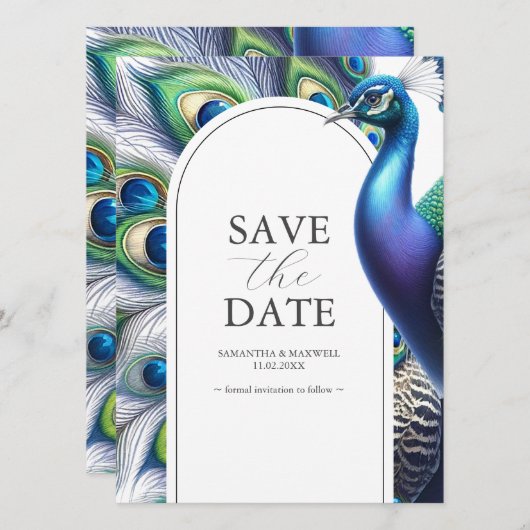 Peacock Save De Datum Bruiloft Aankondigingen (Voorkant / Achterkant)