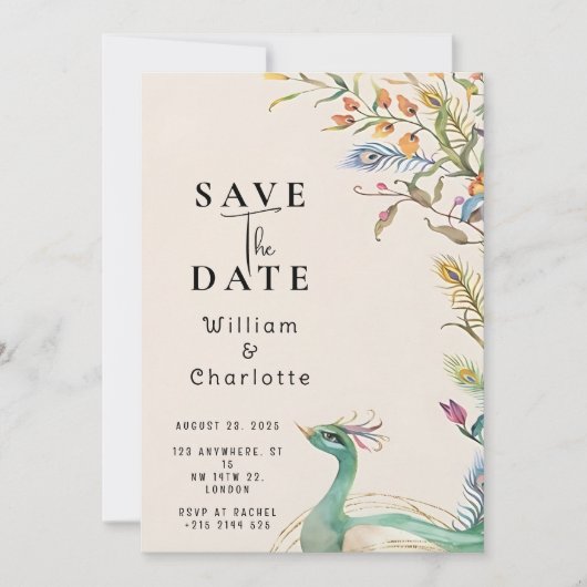 Peacock Save the Date, Wedding Invitation Kaart (Voorkant)