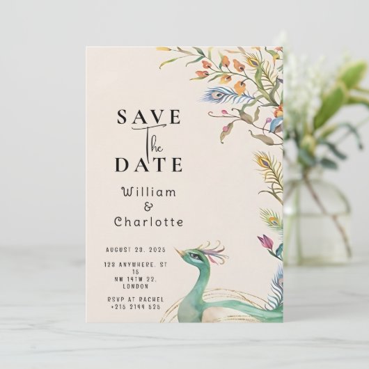 Peacock Save the Date, Wedding Invitation Kaart (Staand voorkant)