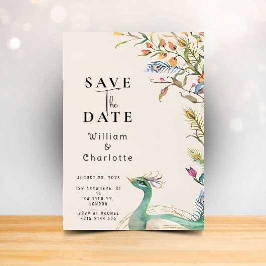 Peacock Save the Date, Wedding Invitation Kaart