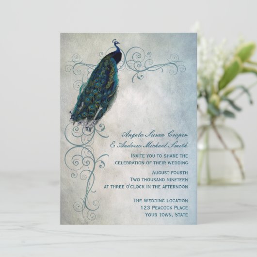 Peacock Scroll Wedding Kaart (Staand voorkant)
