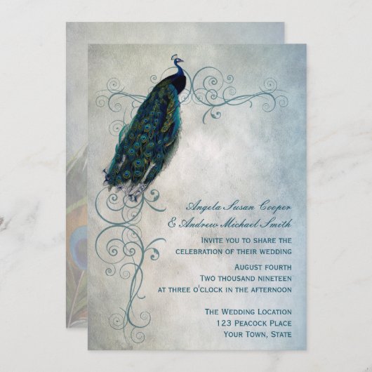 Peacock Scroll Wedding Kaart (Voorkant / Achterkant)