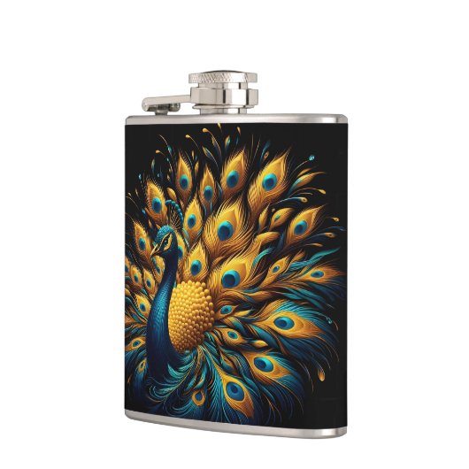 Peacock Showcasing Blauw en Geel Plumage Heupfles (Links)