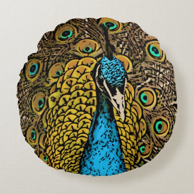 Peacock Splendor Illustratie Rond Kussen (Voorkant)