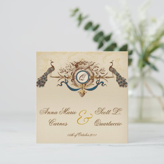  Peacock Square Wedding Invitting Linen Kaart (Staand voorkant)