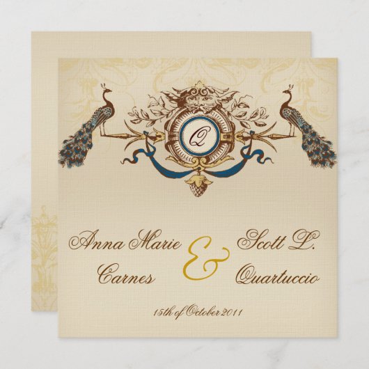 Peacock Square Wedding Invitting Linen Kaart (Voorkant / Achterkant)