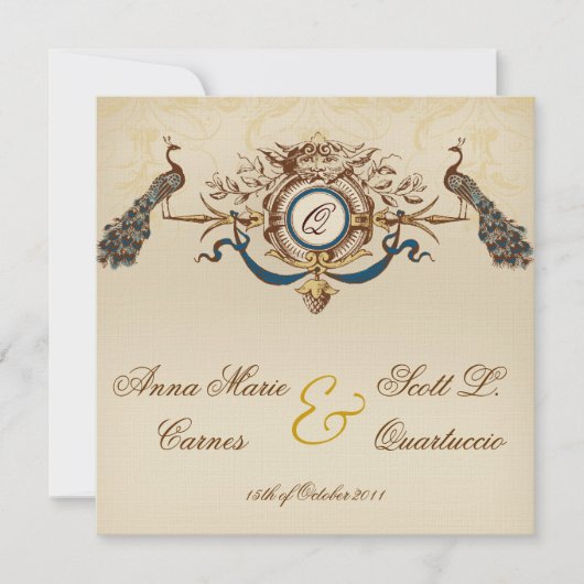  Peacock Square Wedding Invitting Linen Kaart (Voorkant)