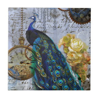 Peacock Steampunk Yellow Rose Clock tandwielen Tegeltje