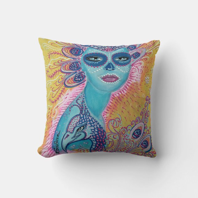 Peacock Sugar Skull Pillow Kussen (Voorkant)