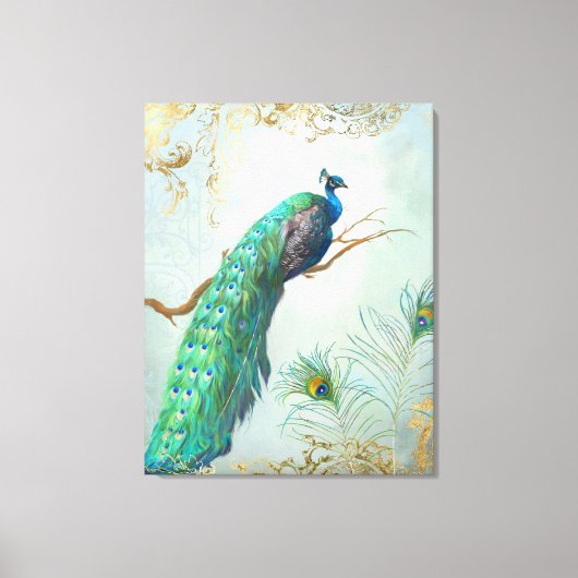 Peacock Tak Full Tail Feathers Gouden Blad Look Canvas Afdruk (Voorkant)