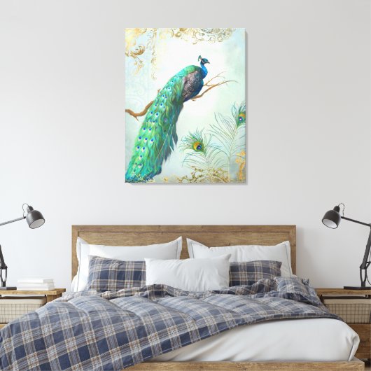 Peacock Tak Full Tail Feathers Gouden Blad Look Canvas Afdruk (Insitu (Slaapkamer))