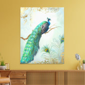 Peacock Tak Full Tail Feathers Gouden Blad Look Canvas Afdruk (Insitu (Woonkamer))