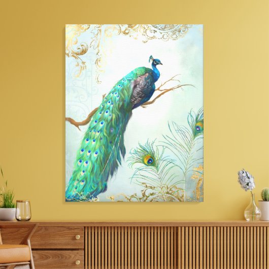 Peacock Tak Full Tail Feathers Gouden Blad Look Canvas Afdruk (Insitu (Woonkamer))