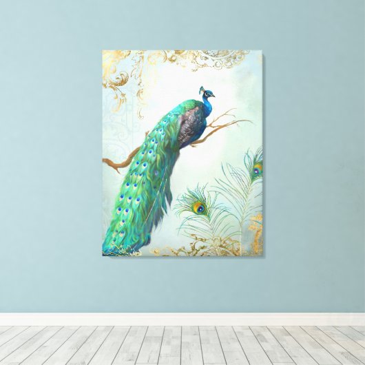 Peacock Tak Full Tail Feathers Gouden Blad Look Canvas Afdruk (Insitu (Houten vloer))