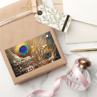 Peacock thank you wedding feathers plumage rechthoekige sticker