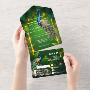 Peacock thema luxe 3D peafowl smaragd goud blauw All In One Uitnodiging