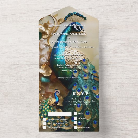 Peacock thema luxe 3D peafowl vogel bruiloft All In One Uitnodiging (Binnen)