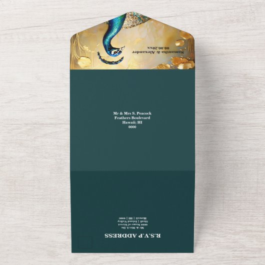 Peacock thema luxe 3D peafowl vogel bruiloft All In One Uitnodiging (Buitenkant)
