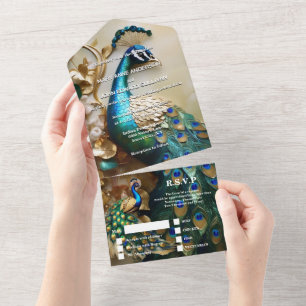 Peacock thema luxe 3D peafowl vogel bruiloft All In One Uitnodiging