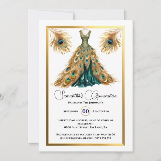 Peacock thema Quinceañera baljurk goudgroen Kaart (Voorkant)