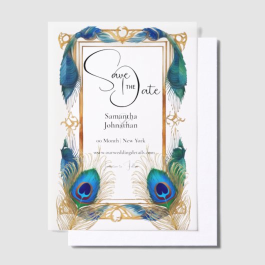 Peacock thema rand veren elegante overlay vellum uitnodigingen (Offset)