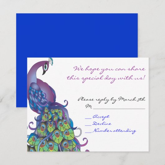 Peacock Theme Bat Mitzvah Reply card Invite Blue Kaart (Voorkant / Achterkant)