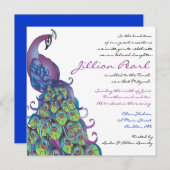 Peacock Theme Bat Mitzvah Uitnodiging Blauw (Voorkant / Achterkant)
