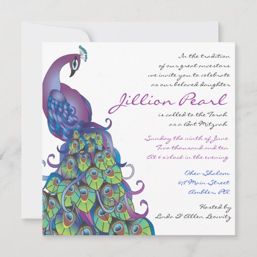 Peacock Theme Bat Mitzvah Uitnodiging Blauw (Voorkant)