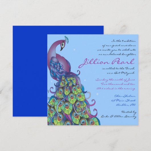 Peacock Theme Bat Mitzvah Uitnodiging blauw uit (Voorkant / Achterkant)