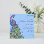 Peacock Theme Bat Mitzvah Uitnodiging blauw uit (Staand voorkant)