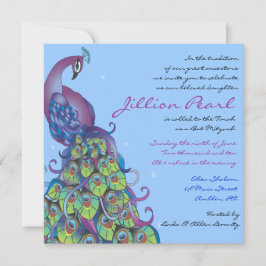 Peacock Theme Bat Mitzvah Uitnodiging blauw uit