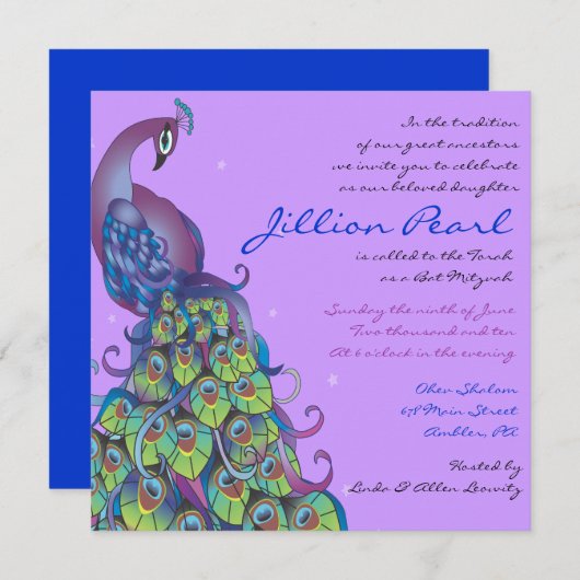 Peacock Theme Bat Mitzvah Uitnodiging Violet uit (Voorkant / Achterkant)