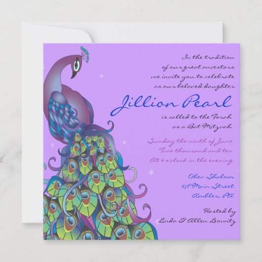Peacock Theme Bat Mitzvah Uitnodiging Violet uit (Voorkant)