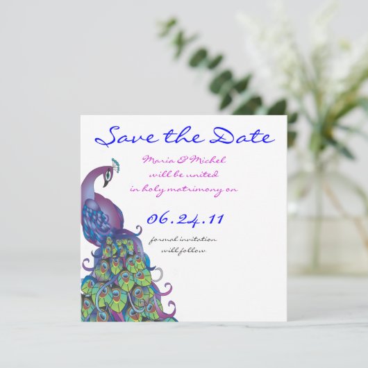 Peacock Theme Weddenschap Opslaan Datum Save The Date (Staand voorkant)